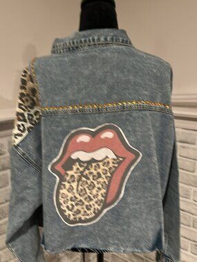 Leopard Print Denim Jean Jacket with Rolling Stones Upcycled Logo an Rhinestones